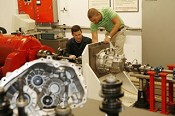 Researchers conduct an efficiency experiment on the transmission dynamometer at the Ohio State College of Engineering Gear and Power Transmission Laboratory.