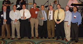 Past SEFA presidents (left to right): Michey Matheny, Mark Klosek, Bill McIntyre, Brian Crouch, Rene Fernandez, Robbie Gilchrest, Mike Hart, Daniel Stephens, Glenn Goins (courtesy Distributor's Link magazine)