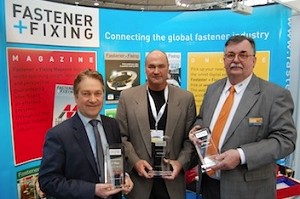 Receiving Fastener+Fixings Route to Fastener Innovation Awards were (left-to-right): Michael Wilkinson of UK-based Tite-Fix Ltd., third; Scott Corrunker, vice president of Mectron High Speed Inspection Systems of the U.S., first; and Harald Göttlich of Germany-based UIP Systems, second.